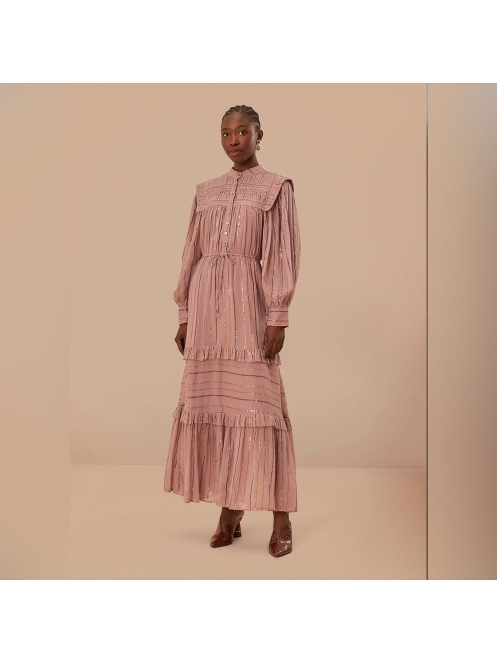 Farm Rio Light Pink Pleated Yoke Tiered Maxi Dress